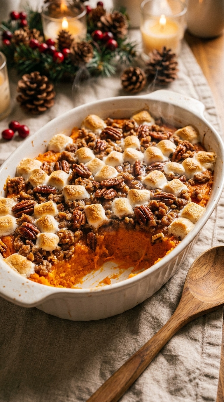A white baking dish containing creamy sweet potato casserole topped with toasted marshmallows and a pecan crumble.