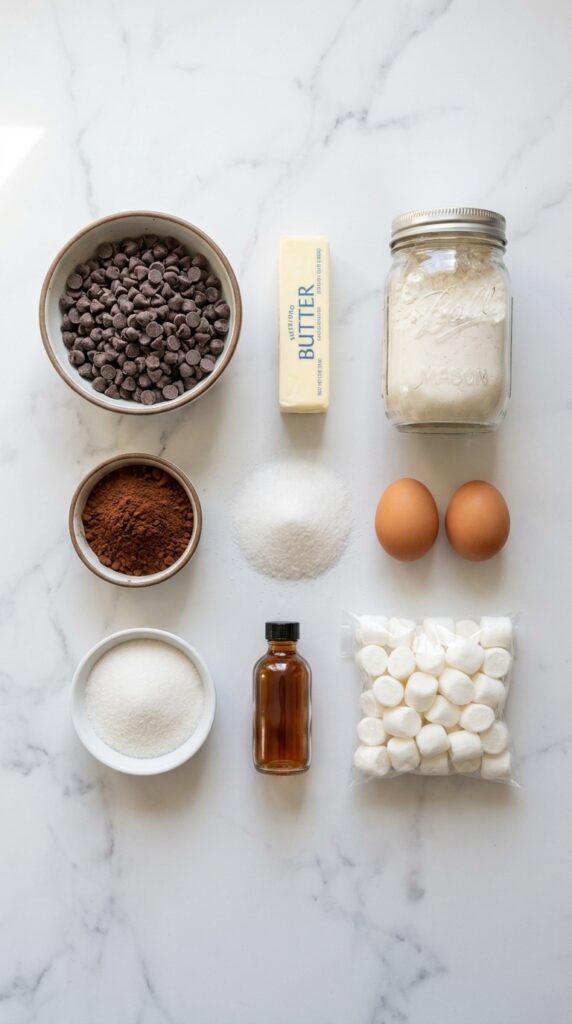 Ingredients for hot cocoa cookies, including chocolate chips, flour, cocoa powder, sugar, and marshmallows, laid out on a marble surface.