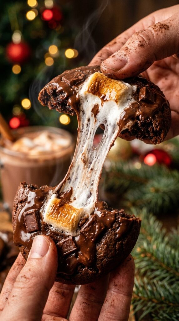A close-up of a warm chocolate cookie being pulled apart, showing a gooey, stretchy melted marshmallow center.