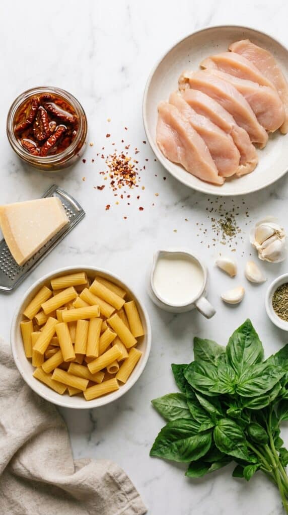 A flat lay arrangement of raw chicken, sundried tomatoes, parmesan, rigatoni, and cream on a marble surface.