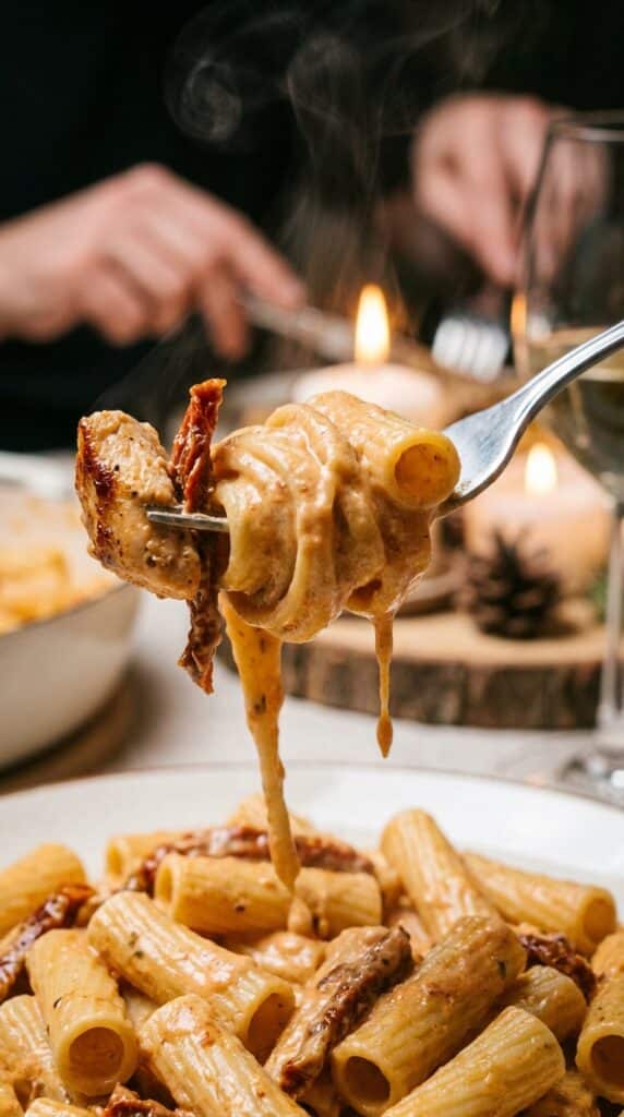 A fork lifting a creamy piece of rigatoni pasta and chicken, with the sauce dripping and steam rising.