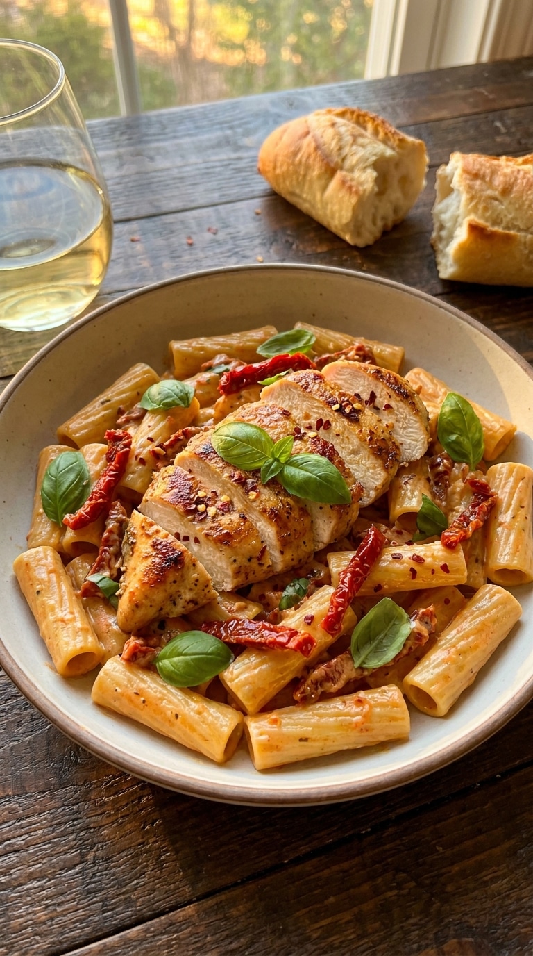 A close-up of rigatoni pasta with seared chicken in a creamy sundried tomato sauce, garnished with fresh basil.