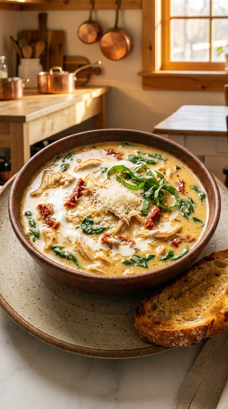 A bowl of creamy chicken soup with sun-dried tomatoes, spinach, and parmesan cheese, served with crusty bread.