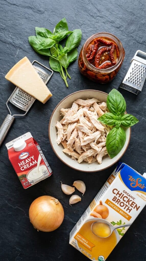 Ingredients for Marry Me Chicken Soup laid out: chicken, sun-dried tomatoes, parmesan, cream, garlic, and fresh basil.