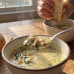 A close-up of a spoonful of creamy chicken soup with steam rising, ready to be eaten.