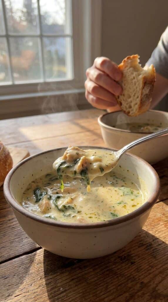 A close-up of a spoonful of creamy chicken soup with steam rising, ready to be eaten.