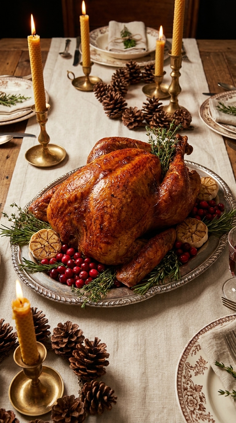 A whole roasted turkey with golden-brown crispy skin, garnished with fresh herbs and roasted garlic on a silver platter.
