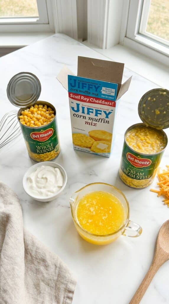 A flat lay showing canned corn, corn muffin mix, sour cream, melted butter, and shredded cheese on a marble counter.