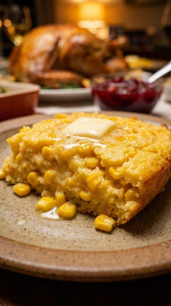 A close-up shot of a creamy scoop of corn casserole on a plate, topped with melting butter.