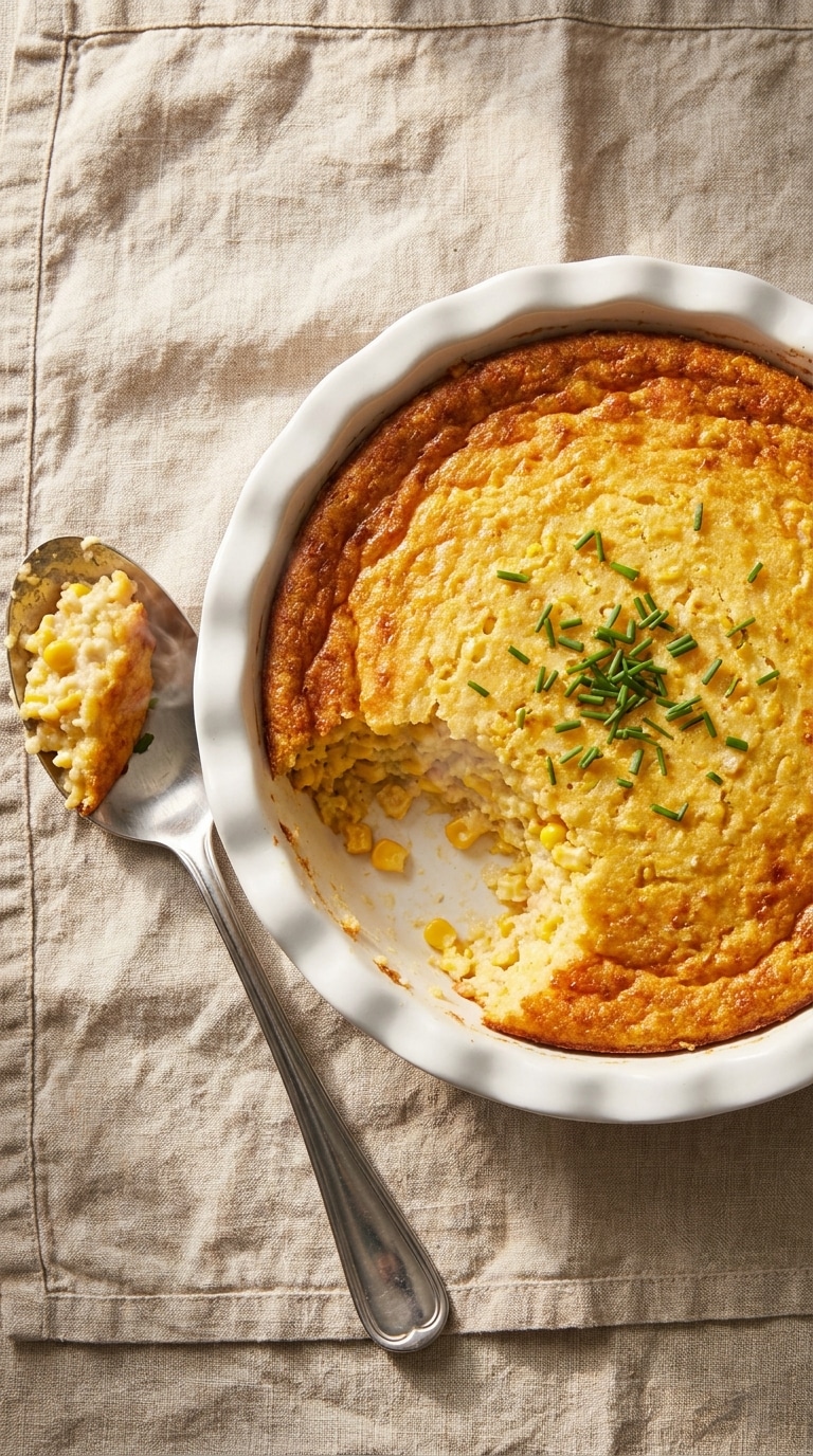 A golden-brown corn casserole in a white ceramic dish with a scoop removed, showing a creamy, corn-filled center.