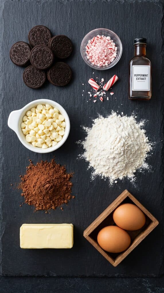 Ingredients for peppermint oreo cookies, including whole Oreos, crushed candy canes, cocoa powder, flour, and peppermint extract on a slate background.
