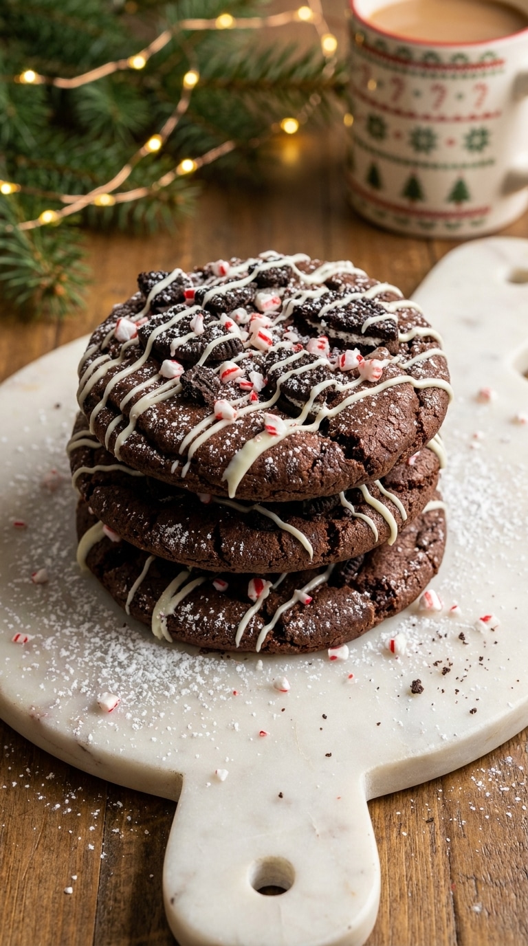 A stack of chocolate cookies with crushed Oreo pieces, drizzled in white chocolate and topped with crushed peppermint candy.