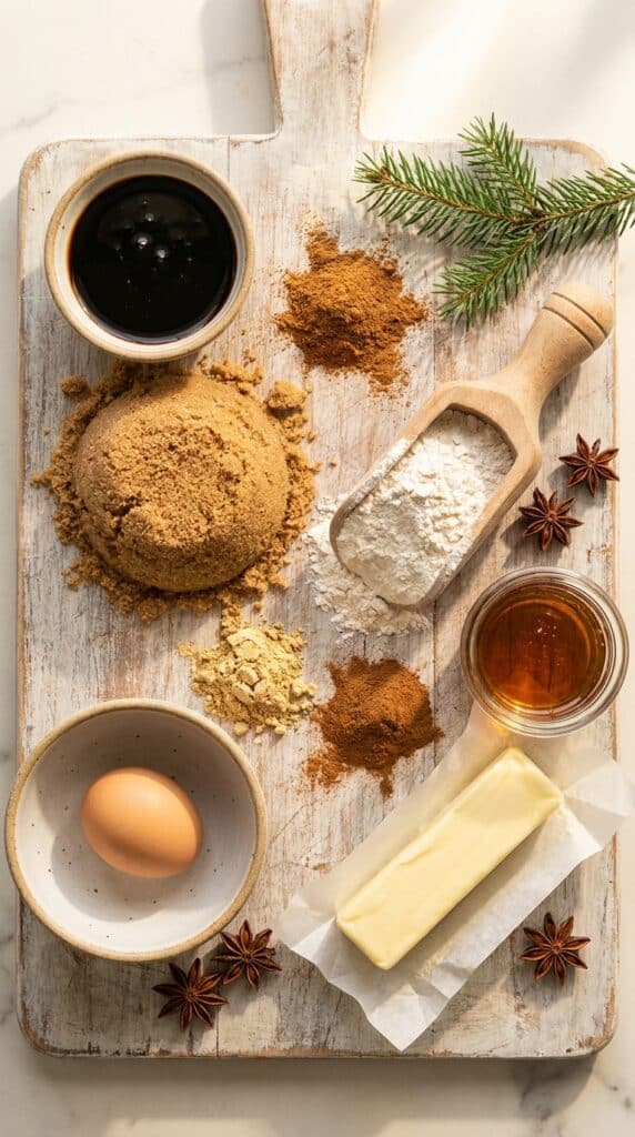 Ingredients for gingerbread cookies: molasses, brown sugar, flour, spices, butter, and maple syrup on a wooden board.