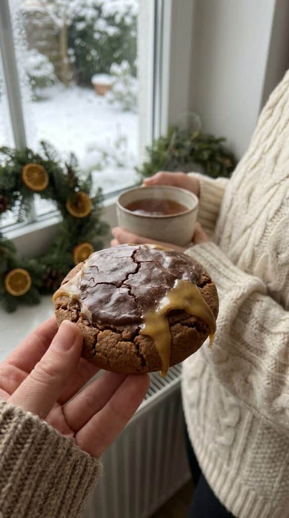 A hand holding a soft gingerbread cookie with maple glaze dripping down the side, set in a cozy winter atmosphere.