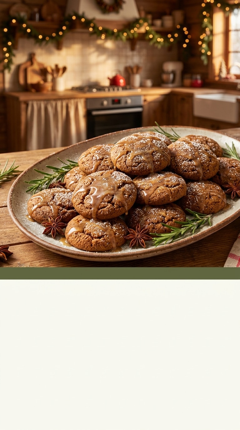 A tray of soft gingerbread cookies drizzled with maple glaze, garnished with fresh rosemary and star anise.