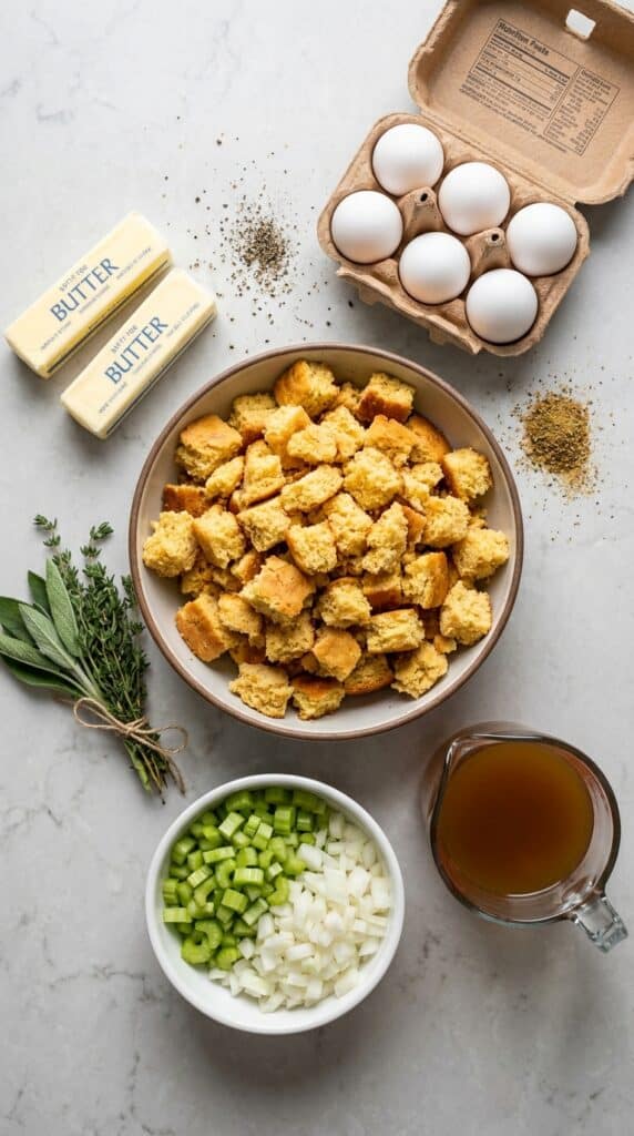A flat lay of crumbled cornbread, chicken stock, fresh herbs, celery, onions, butter, and eggs on a stone counter.