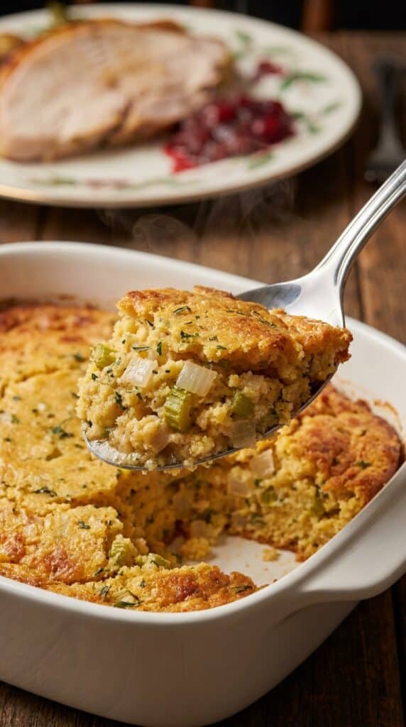 A close-up of a silver spoon scooping moist, herb-filled cornbread dressing from a baking dish, with steam rising.