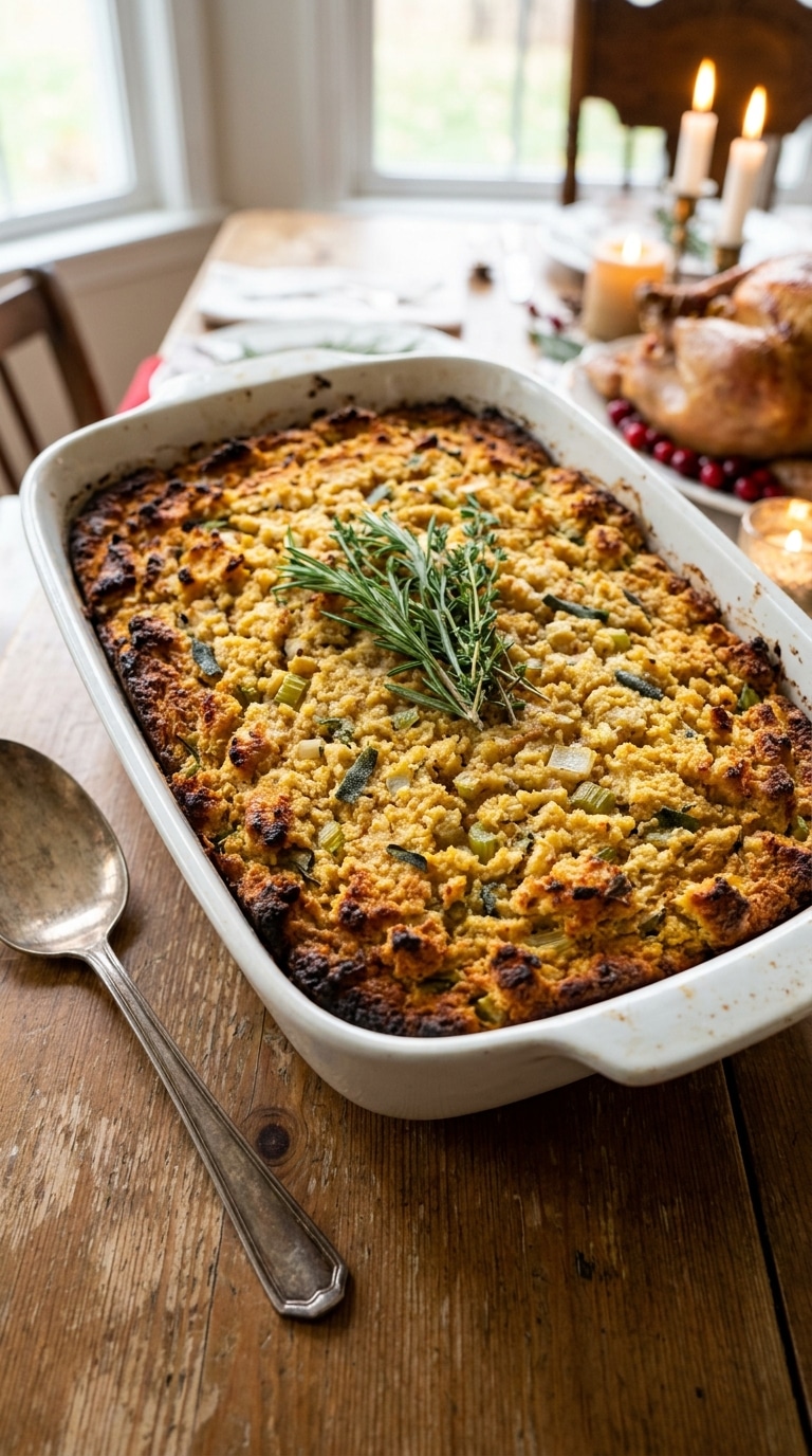 A golden-brown Southern cornbread dressing in a white baking dish, garnished with fresh herbs on a wooden table.