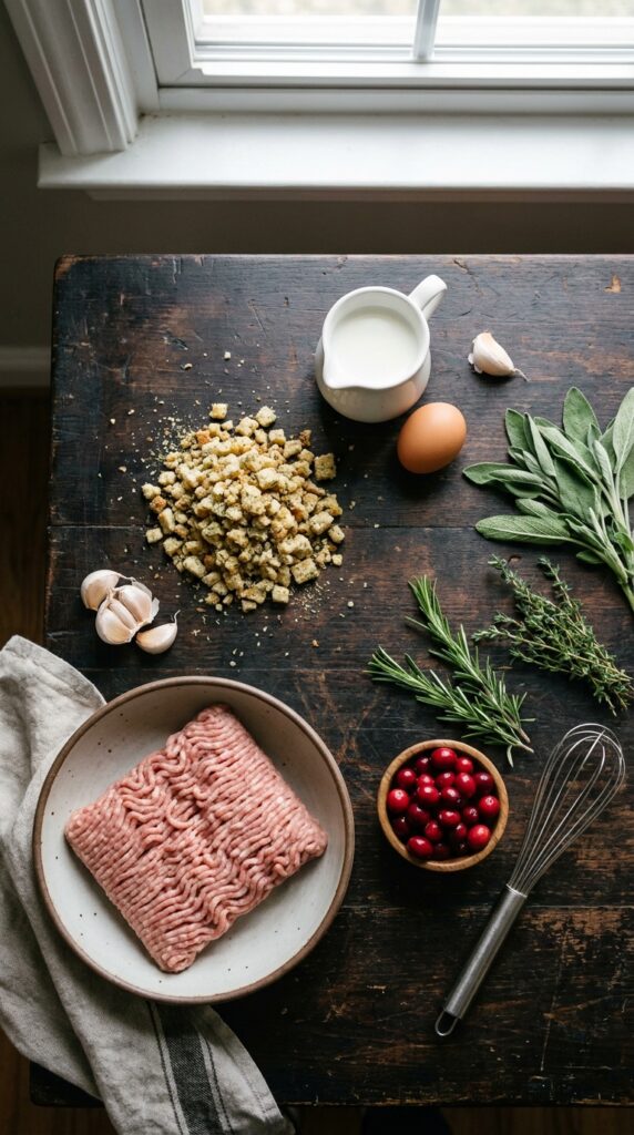 A flat lay showing ground turkey, stuffing crumbs, milk, an egg, garlic, and fresh herbs like sage and rosemary on a wooden surface.