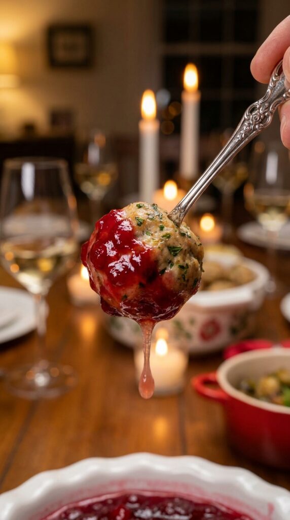 A close-up of a juicy turkey meatball on a cocktail pick, dipped in bright red cranberry sauce.