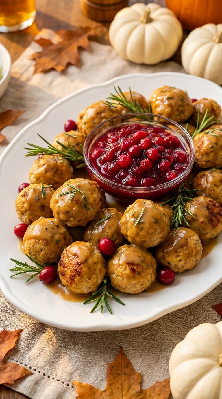A platter of savory turkey meatballs drizzled with gravy, served with a side of cranberry sauce and garnished with rosemary.