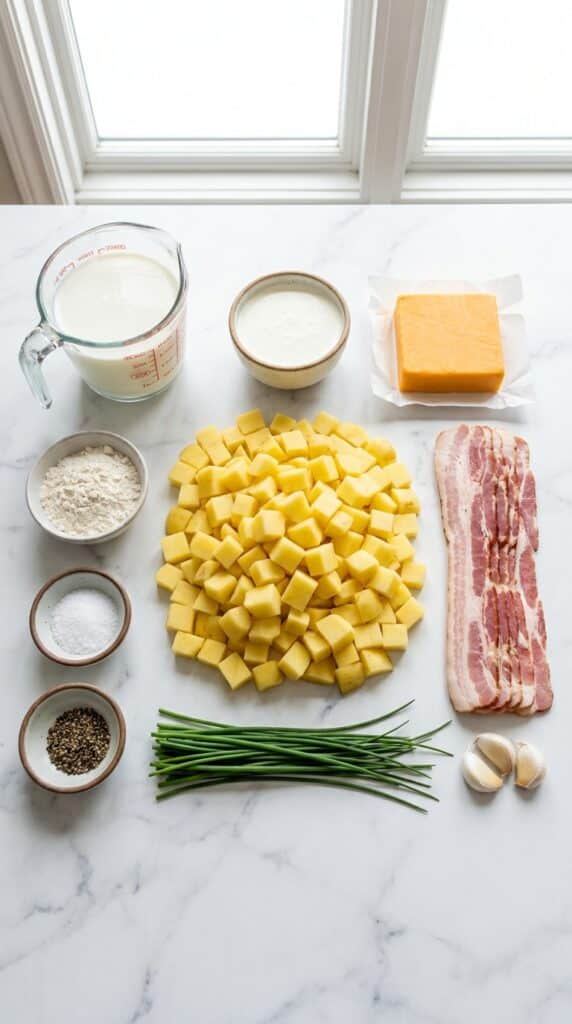A flat lay showing cubed potatoes, bacon, milk, cream, cheddar cheese, and garlic on a marble counter.