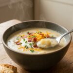 A close-up of a ladle scooping thick, steaming potato soup with melted cheese from a pot.