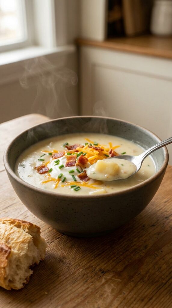 A close-up of a ladle scooping thick, steaming potato soup with melted cheese from a pot.