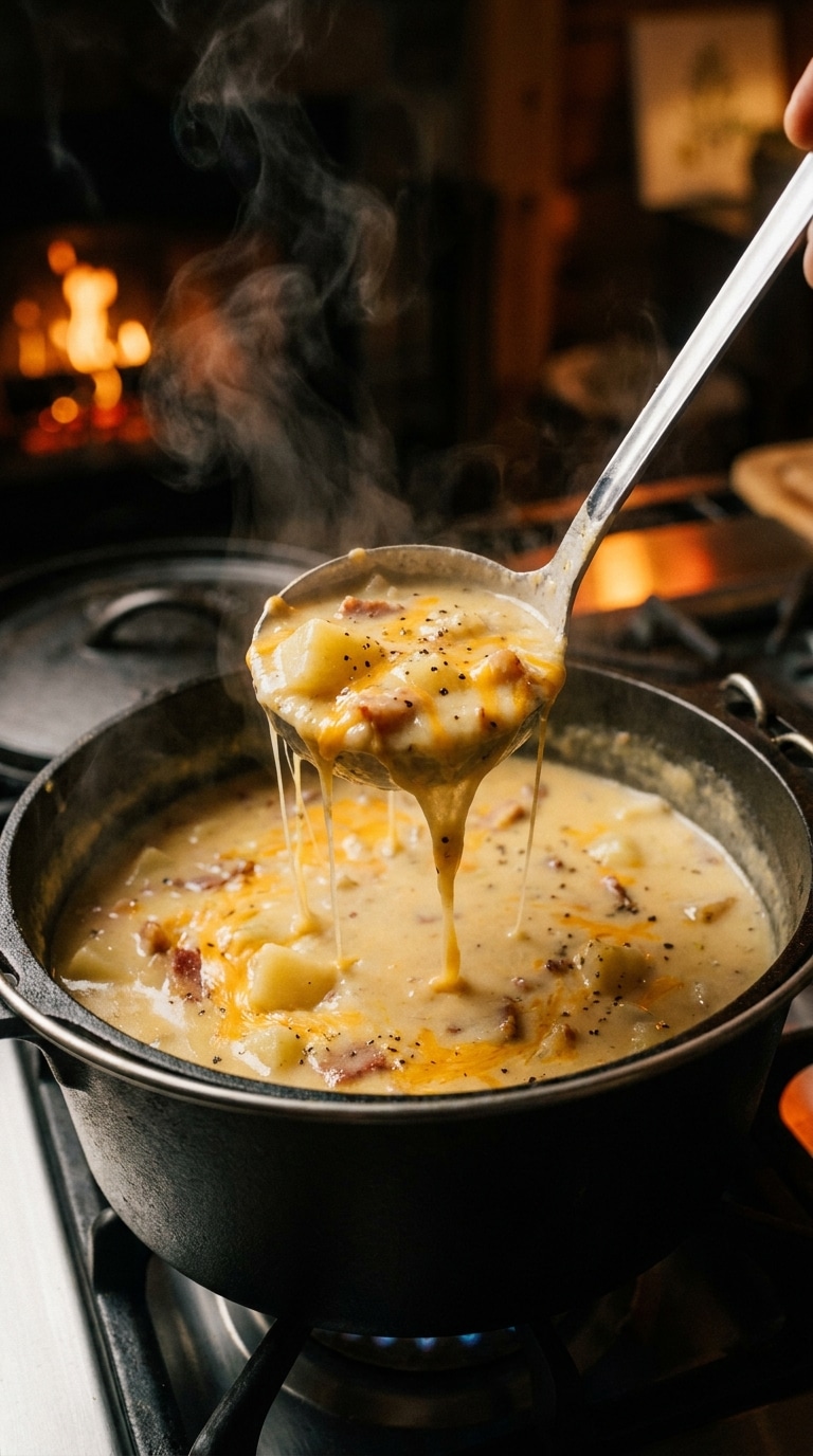 A creamy bowl of potato soup topped with melted cheddar cheese, crispy bacon, and chives, served with crusty bread.
