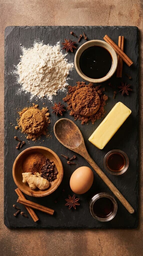 An overhead flat lay of flour, molasses, brown sugar, butter, spices, and an egg on a dark slate background.