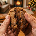A close-up shot of hands breaking open a soft, warm gingerbread cookie, revealing a moist, spiced interior.