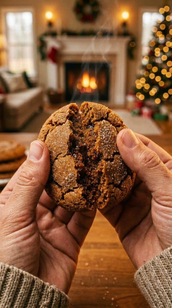 A close-up shot of hands breaking open a soft, warm gingerbread cookie, revealing a moist, spiced interior.
