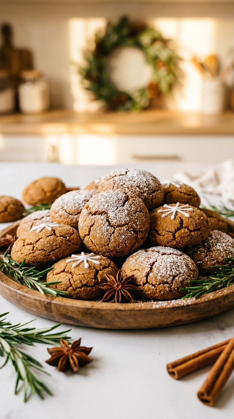 A rustic platter of soft, crackled gingerbread cookies garnished with rosemary and cinnamon sticks.