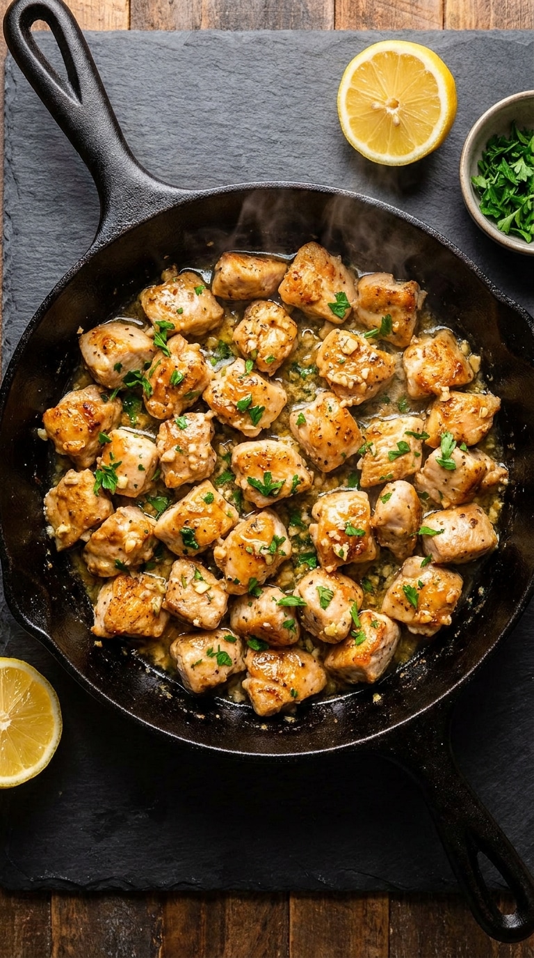 A top-down view of a cast iron skillet filled with golden-brown, bite-sized chicken pieces coated in garlic butter and parsley.