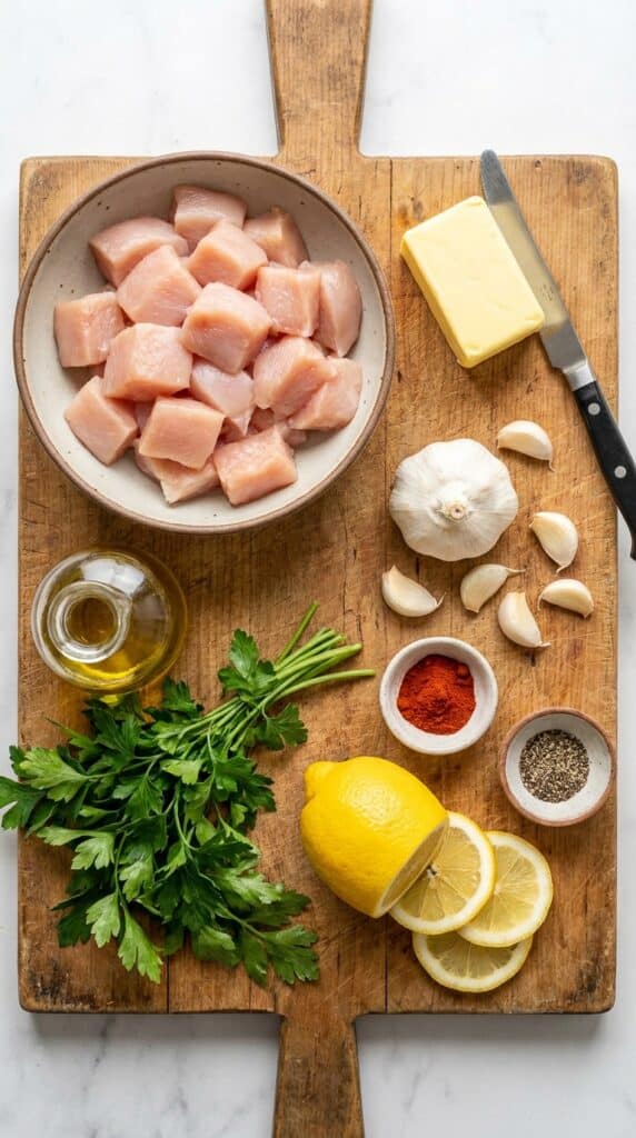 A flat lay showing cubed raw chicken, butter, garlic, olive oil, parsley, lemon, and spices on a wooden cutting board.