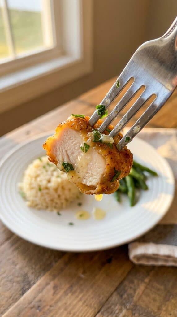 A close-up of a fork holding a juicy, golden-brown garlic butter chicken bite, with rice and green beans blurred in the background.