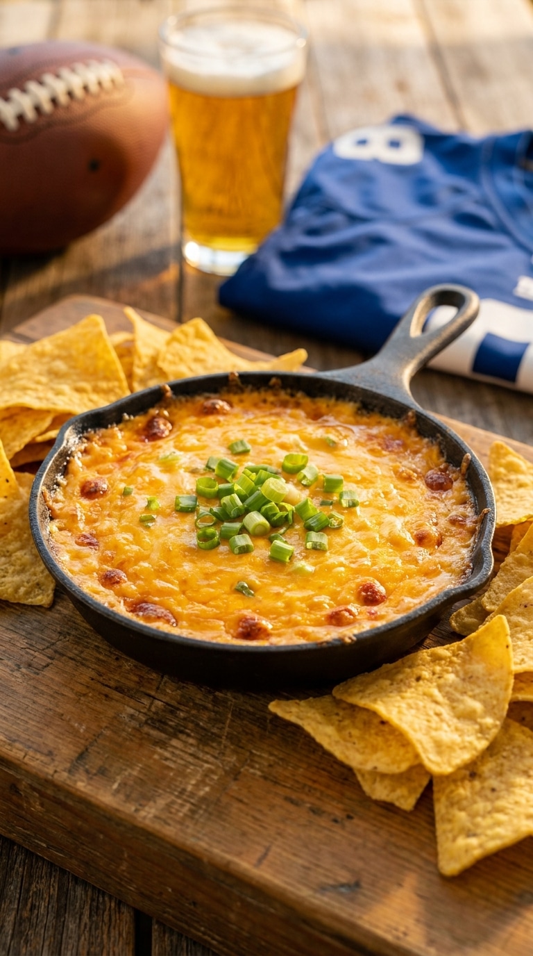A cast-iron skillet filled with bubbling chili cheese dip topped with green onions, surrounded by tortilla chips on a wooden table.