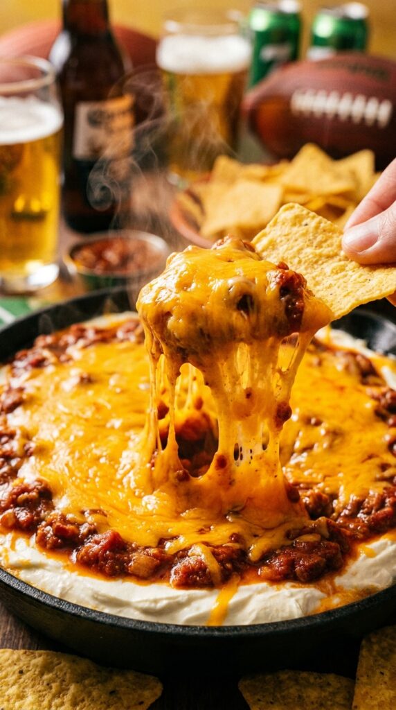 A close-up of a tortilla chip scooping up layers of cream cheese, chili, and stringy melted cheddar from a hot skillet.