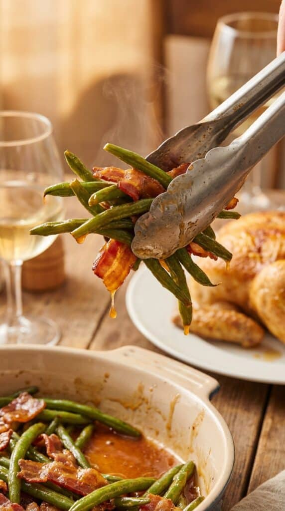 A close-up of tongs lifting sticky, glazed green beans and bacon from a dish, with roasted chicken blurred in the background.