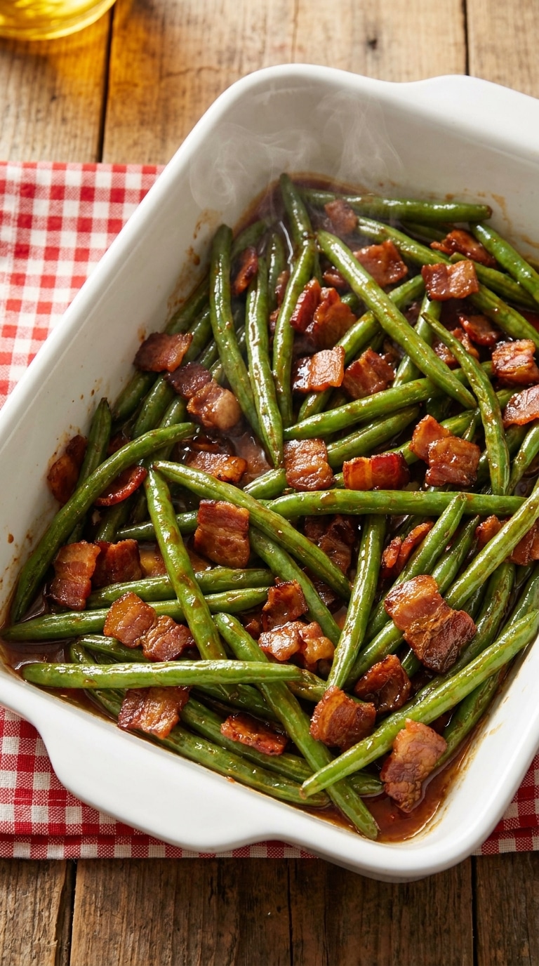 A white baking dish filled with roasted green beans coated in a shiny brown sugar glaze and topped with crispy bacon.