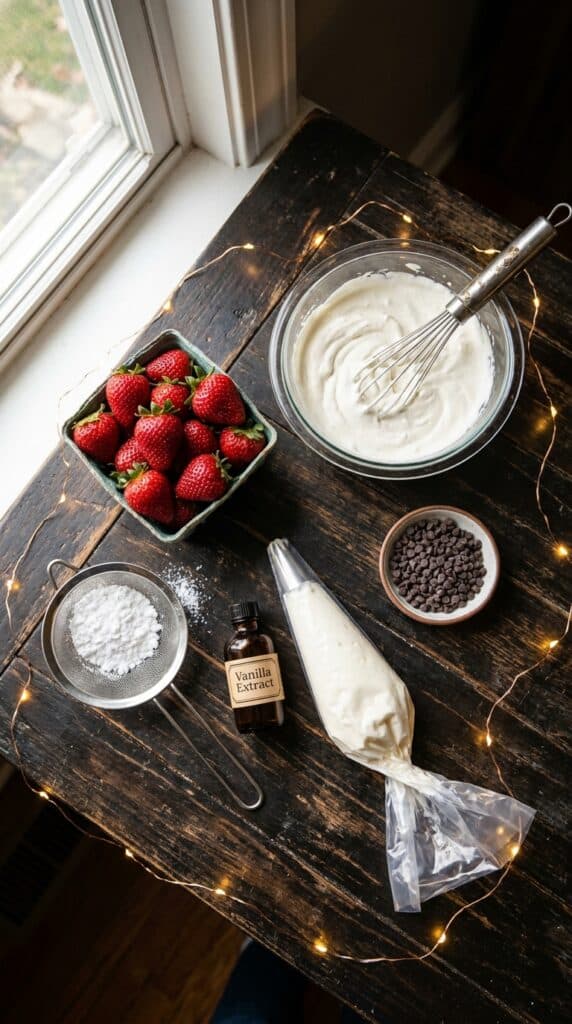 A flat lay showing fresh strawberries, whipped cream, a piping bag, mini chocolate chips, and powdered sugar on a dark wooden board.
