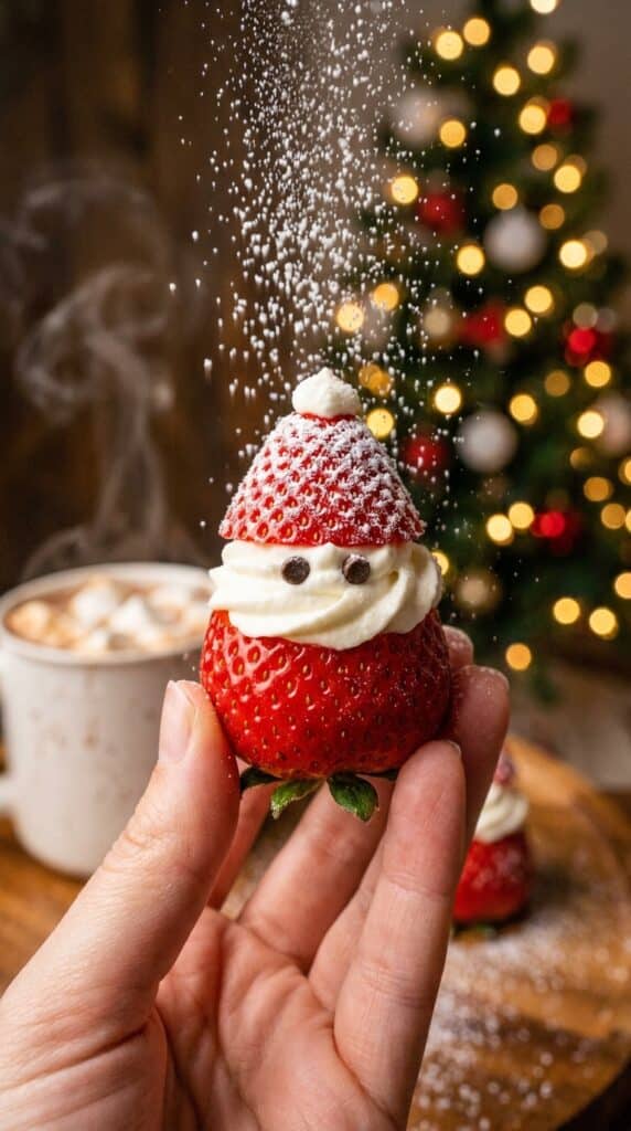 A close-up of a hand holding a single strawberry Santa treat with powdered sugar falling like snow, with a Christmas tree in the background.