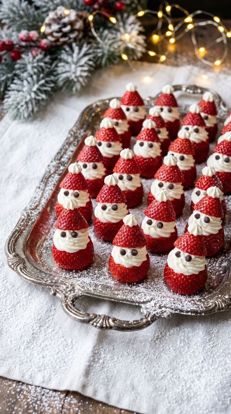 A silver holiday platter filled with cute Santa figures made from fresh strawberries, whipped cream, and mini chocolate chips.