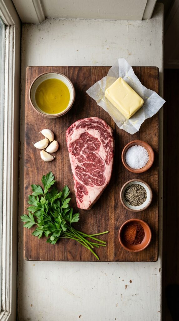 A flat lay showing raw marbled steak, butter, garlic, parsley, olive oil, and spices on a dark wooden board.