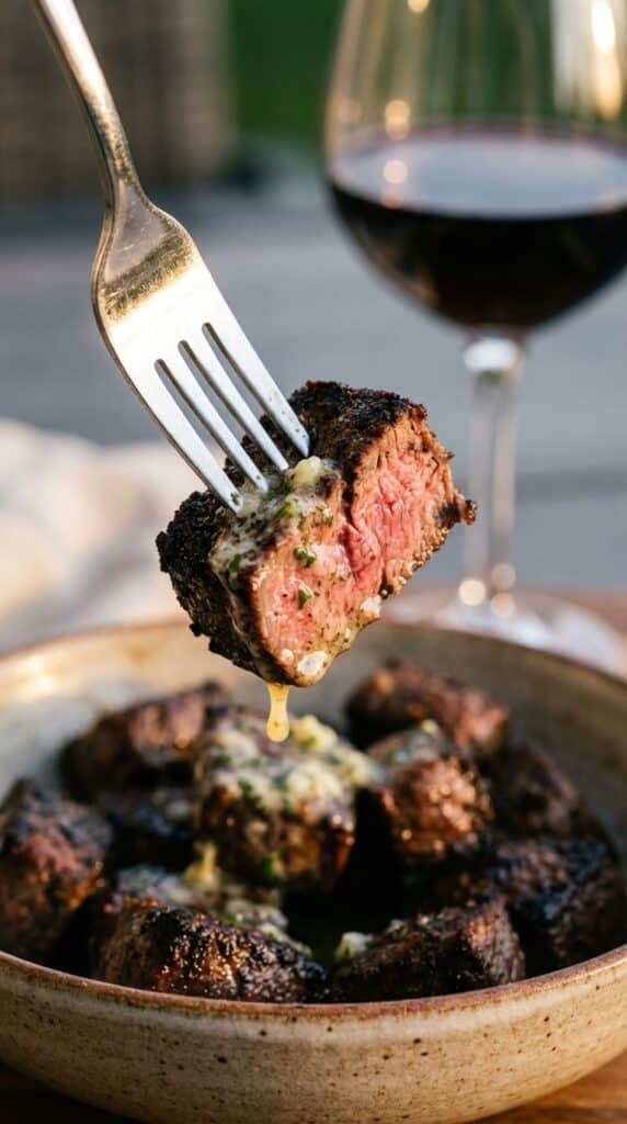 A close-up of a fork holding a single steak bite with a pink medium-rare center, dripping with garlic butter.