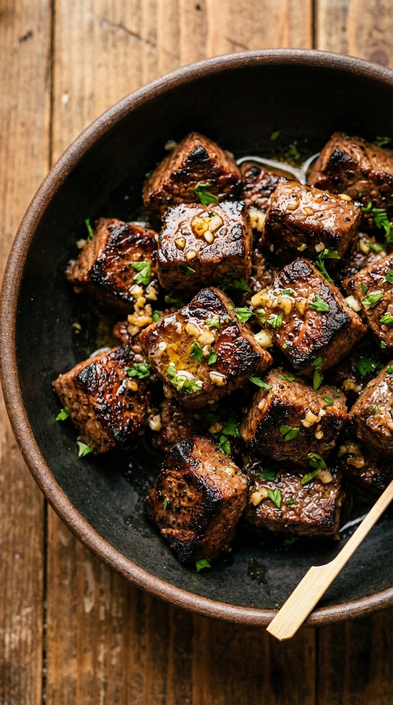 A dark ceramic bowl filled with juicy, charred steak bites coated in garlic butter and parsley.