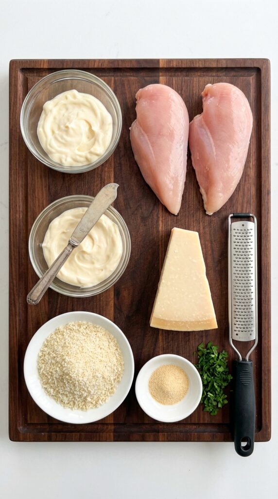 A flat lay showing raw chicken breasts, mayonnaise, a parmesan cheese wedge, panko breadcrumbs, and spices on a dark wooden board.