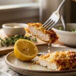 A close-up of a fork holding a piece of juicy chicken with a thick, crispy parmesan crust, with lemon juice being squeezed over it.