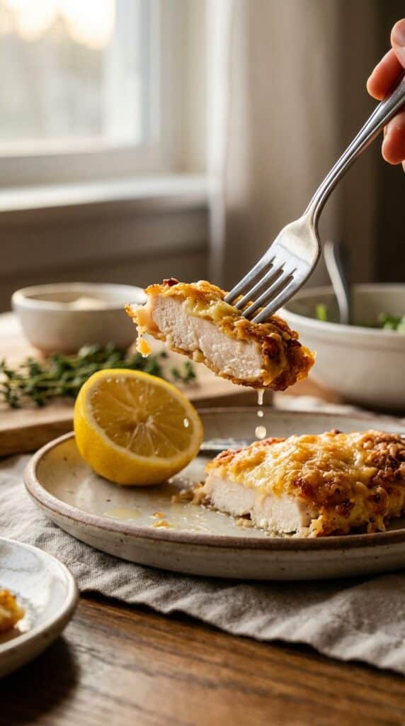 A close-up of a fork holding a piece of juicy chicken with a thick, crispy parmesan crust, with lemon juice being squeezed over it.