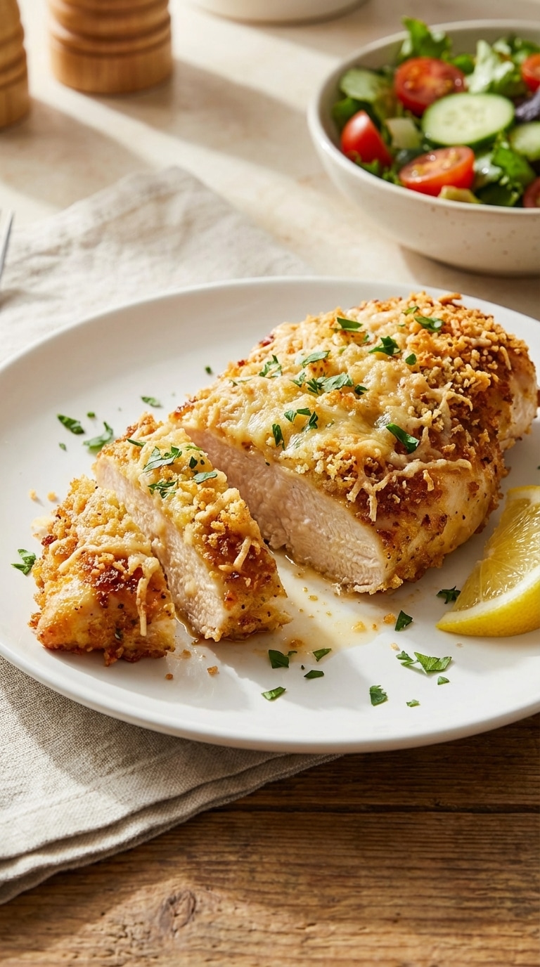 A sliced, juicy chicken breast with a crispy golden parmesan crust on a white plate with a lemon wedge.